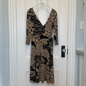 London Times Black and Beige Floral Wrap Midi Dress